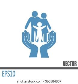 Family life insurance sign icon. Hands protect human. Vector