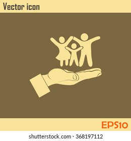 Family life insurance sign icon. Hands protect human. Vector
