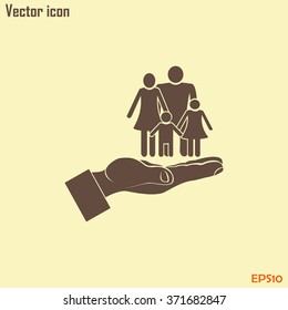Family life insurance sign icon. Hands protect human. Vector