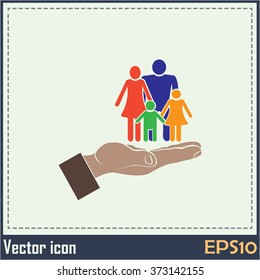 Family life insurance sign icon. Hands protect human. Vector
