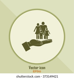 Family life insurance sign icon. Hands protect human. Vector