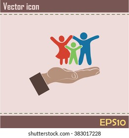 Family life insurance sign icon. Hands protect human. Vector