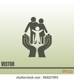 Family life insurance sign icon. Hands protect human. Vector