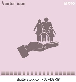 Family life insurance sign icon. Hands protect human. Vector