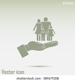 Family life insurance sign icon. Hands protect human. Vector