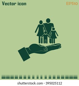 Family life insurance sign icon. Hands protect human. Vector