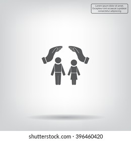 Family life insurance sign icon. Hands protect human group symbol. Health insurance. 