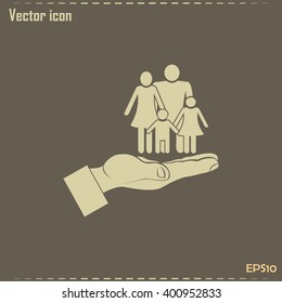 Family life insurance sign icon. Hands protect human. Vector