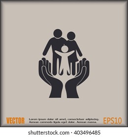 Family life insurance sign icon. Hands protect human. Vector