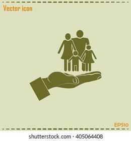 Family life insurance sign icon. Hands protect human. Vector