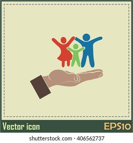 Family life insurance sign icon. Hands protect human. Vector