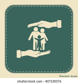 Family life insurance sign icon. Hands protect human. Vector