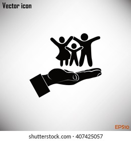Family life insurance sign icon. Hands protect human. Vector