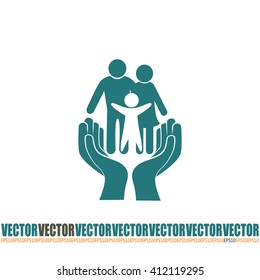 Family life insurance sign icon. Hands protect human. Vector