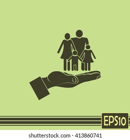 Family life insurance sign icon. Hands protect human. Vector
