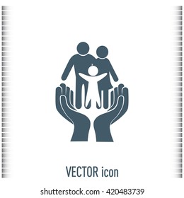 Family life insurance sign icon. Hands protect human. Vector