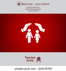 Family life insurance sign icon. Hands protect human group symbol. Health insurance. 