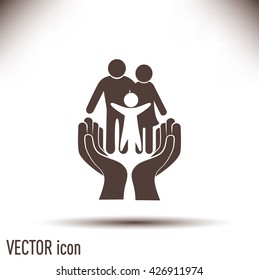 Family life insurance sign icon. Hands protect human. Vector