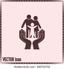 Family life insurance sign icon. Hands protect human. Vector