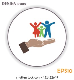 Family life insurance sign icon. Hands protect human. Vector