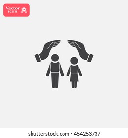 Family life insurance sign icon. Hands protect human group symbol. Health insurance. 
