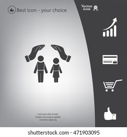 Family life insurance sign icon. Hands protect human group symbol. Health insurance. 