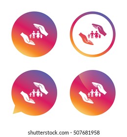 Family life insurance sign icon. Hands protect.