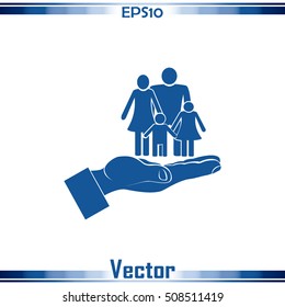 Family life insurance sign icon. Hands protect human. Vector