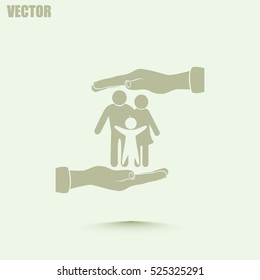 Family life insurance sign icon. Hands protect human. Vector