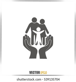 Family life insurance sign icon. Hands protect human. Vector