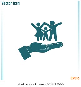 Family life insurance sign icon. Hands protect human. Vector