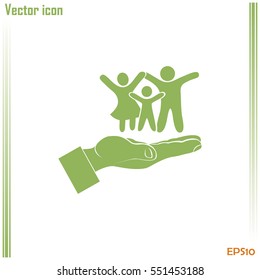 Family life insurance sign icon. Hands protect human. Vector