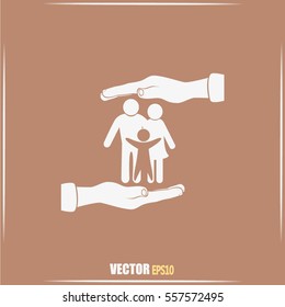 Family life insurance sign icon. Hands protect human. Vector