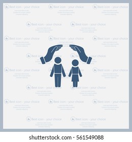 Family life insurance sign icon. Hands protect human group symbol. Health insurance. 