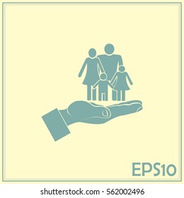 Family life insurance sign icon. Hands protect human. Vector