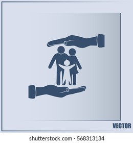Family life insurance sign icon. Hands protect human. Vector
