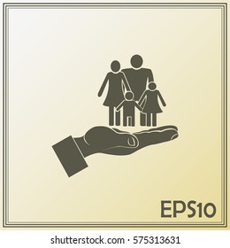 Family life insurance sign icon. Hands protect human. Vector