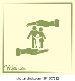 Family life insurance sign icon. Hands protect human. Vector