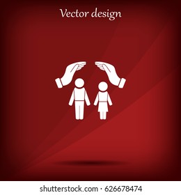 Family life insurance sign icon. Hands protect human group symbol. Health insurance. 