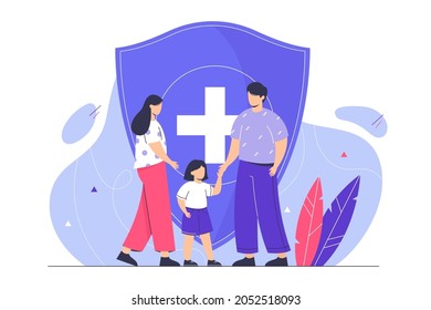 Family life insurance. Young couple with kid protecting health with shield. Flat characters protected from accident. Healthcare or life protection concept. Medical support vector illustration.