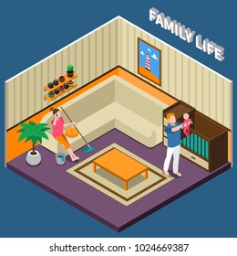 Family life isometric composition with father holding baby, mother with phone and mop on sofa vector illustration