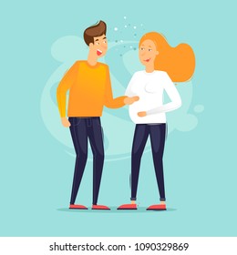 Family life, male pregnant woman, husband and wife. Flat design vector illustration.