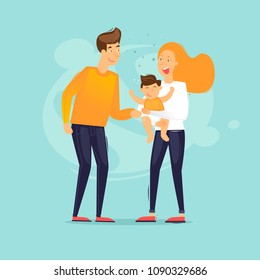 Family life, a man a woman holds a child, husband and wife. Flat design vector illustration.