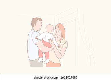 Family life, parenthood, baby care concept. Upbringing child, domesticity, love and care, home comfort, happy young family at home, married couple with kid, parents and infant. Simple flat vector