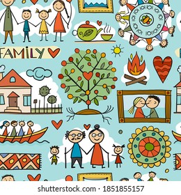 Family Life. Parents and Grandparents. Family House. Seamless pattern for your design. Vector illustration
