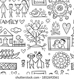 Family Life. Parents and Grandparents. Family House. Seamless pattern for your design. Vector illustration