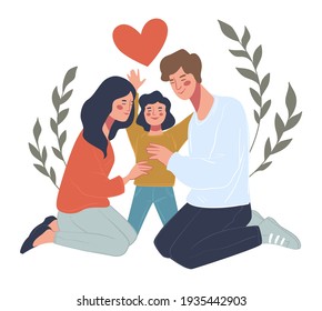 Family life and protection, mother and father with small child. Isolated parents and preschool kid. Mommy and daddy in love, couple with baby. Parenting and happy childhood. Vector in flat style