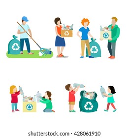 Family Life Recycling Creative Vector Icon Set. Young Man Woman Collect Plastic Bottle Paper With Rake In Box And Bag Illustration On White Background. Children Help Adults Gather Bottle For Recycle.