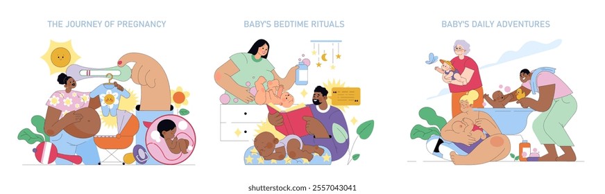 Family life set. Illustrating pregnancy preparation, baby bedtime rituals, and playful moments. Celebrating new beginnings and daily family bonding. Vector illustration.