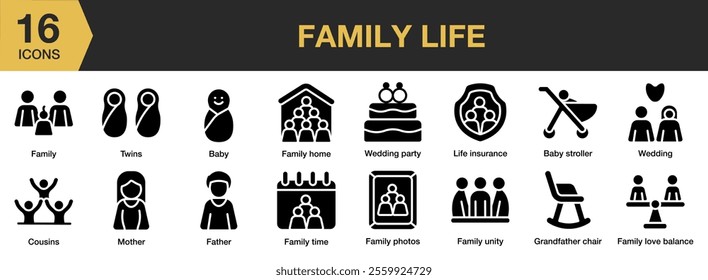 Family Life solid icon set. Includes family, father, care, mother, home, parent, and More. Solid icons vector collection.